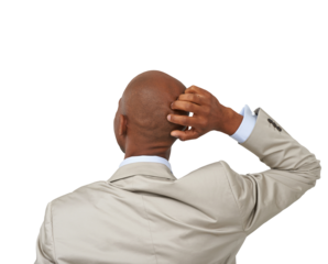 Thinking, confused and back of business man on isolated, png and transparent background with ideas. Professional, corporate worker and male person scratching head with doubt, unsure and decision