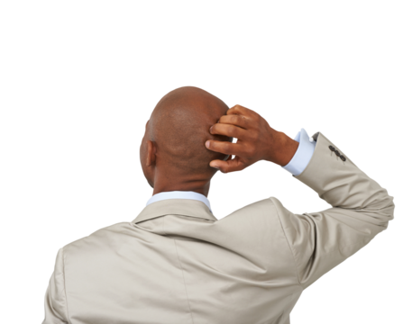 Thinking, confused and back of business man on isolated, png and transparent background with ideas. Professional, corporate worker and male person scratching head with doubt, unsure and decision - Powered by Adobe