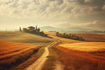 Fototapeta na wymiar Autumn Italian rural landscape in retro style Panorama of autumn field with dirt road and cloudy sky, Generative AI