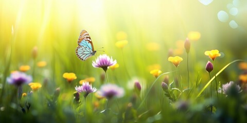 Sunny summer nature background with fly butterfly and wild flowers in grass with sunlight and bokeh. Outdoor nature, Generative AI