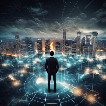 ,Businessman standing at rooftop with Smart night city view,big data technology concept.