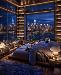 Beautiful apartment with breathtaking view of NYC at night wallpaper image, created using generative ai tools. 