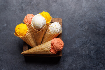 Assorted ice cream flavours in delightful waffle cones