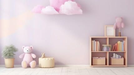 Pastel color children's playroom decoration with toys and furniture.