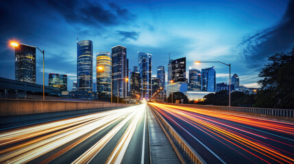 The motion blur of a busy urban highway during the evening rush hour. The city skyline serves as the background, illuminated by a sea of headlights and taillights.  - Powered by Adobe