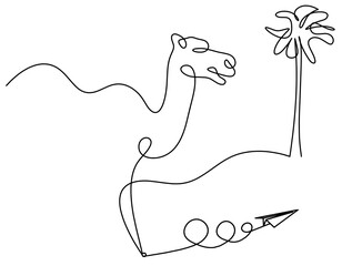 Silhouette of abstract camel with paper plane as line drawing on white. Vector