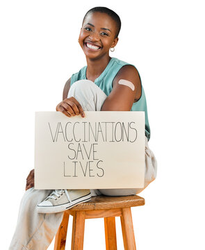 Portrait, Covid Vaccinated And Black Woman Showing Plaster On Arm, Poster Or Smile Isolated On A Transparent Background. Health, Girl Or Model With Banner, Carboard Or Sign With Png Or Corona Vaccine