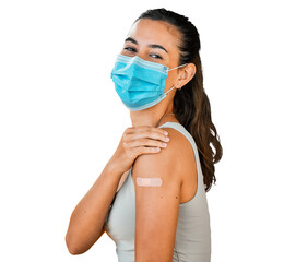 Portrait, covid vaccinated and woman showing plaster, surgical mask and safety isolated on a...