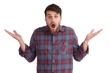 Portrait, confused and wow man with shrug hands, emoji or questions on isolated, transparent or png background. Why, face and male with dont know gesture, doubt or choice, decision and asking option