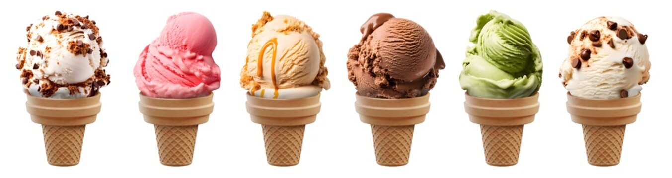 Ice cream scoop on cake cone on transparent background cutout, PNG file. Many assorted different flavour Mockup template for artwork design.	