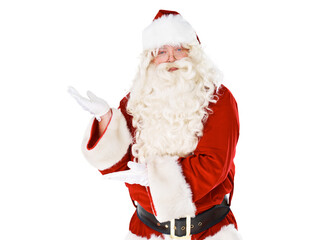 Father Christmas, portrait or man with promotion, holiday or presentation isolated on a transparent...