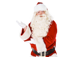 Father Christmas, portrait or man with promotion, holiday or presentation isolated on a transparent background. Face, character or Santa Claus with gesture, sales or marketing with png or advertising