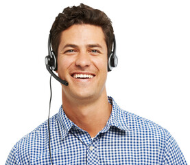 Portrait, telemarketing and man with headphones, call center and agent isolated on a transparent background. Face, employee and consultant with a headset, smile and tech support with png and advice