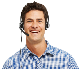Portrait, telemarketing and man with headphones, call center and agent isolated on a transparent background. Face, employee and consultant with a headset, smile and tech support with png and advice