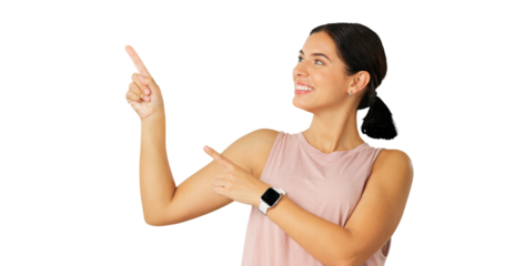 Pointing, fitness and woman with exercise, opportunity and model isolated on a transparent background. Female person, athlete and hand gesture with happiness, png and decision with an announcement