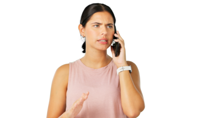 Phone call, conflict or frustrated with a woman angry while isolated on transparent background. Mobile, communication and frown with an annoyed young person arguing or in a fight about a scam on PNG