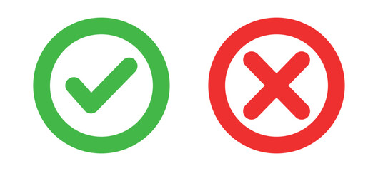 Check Mark Box Icon, Green Yes And Red No Sign, Tickmark Correct And Wrong Set Symbol, Check Mark Stickers Set, Cross, Approved Button And Reject Button, Set Of Glossy Button Vector Illustration