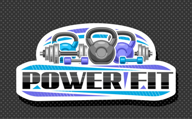 Vector logo for Power Fit, white decorative sign board with illustration of group various dumbbells and kettlebells for fitness, unique brush lettering for text power fit on gray abstract background