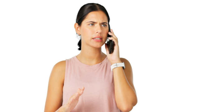 Phone call, conflict or frustrated with a woman angry while isolated on transparent background. Mobile, communication and frown with an annoyed young person arguing or in a fight about a scam on PNG