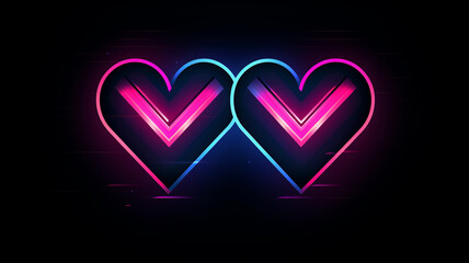2 Herzen in Neon Farben mit Lichteffekten auf dunklem Hintergrund. Lovestory Romance. Querformat. Generative Ai.