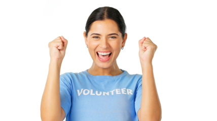 Happy, celebration and portrait of a woman volunteer cheering for winning or achievement. Charity, excited and face of a model winner with community service isolated by a transparent png background.