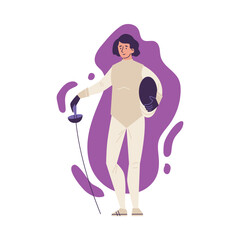 Fencer female character with foil or rapier, flat vector illustration isolated.