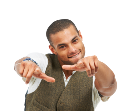 Man, hands and portrait pointing to you for invitation, recruitment or friendly gesture on transparent, isolated or png background. Happy, guy and gen z or cool, fashion and playful sign with fingers
