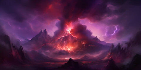 A purple and purple storm cloud with a mountain, Majestic Purple Skies: Storm Clouds Over Mountain Landscape
