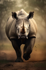 Fototapeta premium White Rhinoceros in the Savannah Showing its Power. Majestic Portrait. Wildlife Animal. Generative ai