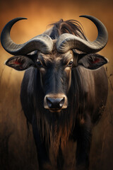 Naklejka premium Wildebeest Gnu in the Savannah Showing its Vigilance. Majestic Portrait. Wildlife Animal. Generative ai