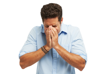 Depression, sad and man crying in hands on isolated, png and transparent background for crisis. Emotions, stress and male person with hurt, unhappy and upset in tears for loss, mistake and problem