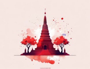 watercolor t-shirt design temple in thailand red tone.generative AI