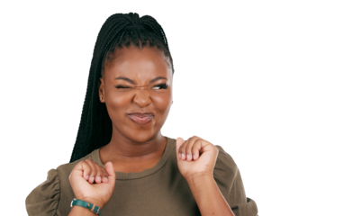 Crazy, wink and dance with face of black woman on png for yes, happy and funny. Like, emoji and relax with person isolated on transparent background for motivation, happiness and goofy expression
