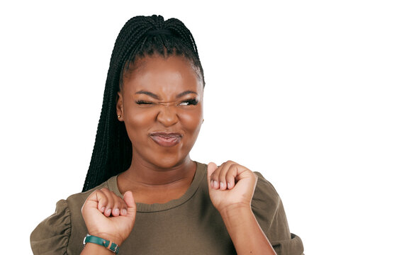 Crazy, wink and dance with face of black woman on png for yes, happy and funny. Like, emoji and relax with person isolated on transparent background for motivation, happiness and goofy expression