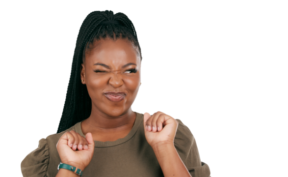 Crazy, wink and dance with face of black woman on png for yes, happy and funny. Like, emoji and relax with person isolated on transparent background for motivation, happiness and goofy expression