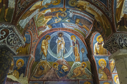 Fresco of Transfiguration of Our Lord in the Dark Church (Karanlik Kilise) ruin in Goreme open air museum. June 16, 2022 - Cappadocia, Turkey