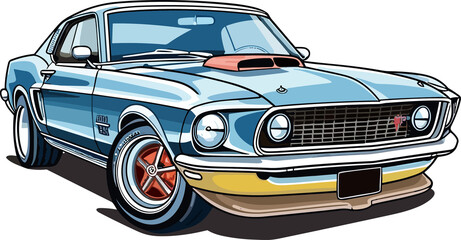 Ford Mustang Illustration, Vintage Classic Car Illustration - obrazy, fototapety, plakaty