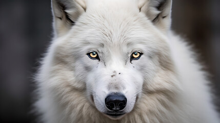 Obraz premium Close up of beautiful white wolf at winter in snowy forest. Portrait of arctic wolf on snowy forest