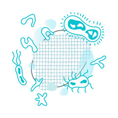 Amoeba and microbes, spots and shapes, checkered texture, line. Clipart.