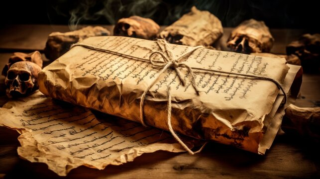 Aged parchment paper with handwritten incantations, invoking the spirit of Halloween.