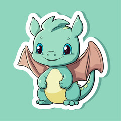 Trendy cartoon flat style dragon character sticker logo stylized vector illustration symbol year of dragon 2024 green blue color logo. Cute dragon with big eyes	
