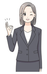 OKポーズのスーツを着た女性アニメタッチのイラスト