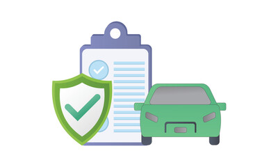 Car insurance concept. Insurance policy on clipboard and car. Document report with shield and automobile.on white background.Vector Design Illustration.