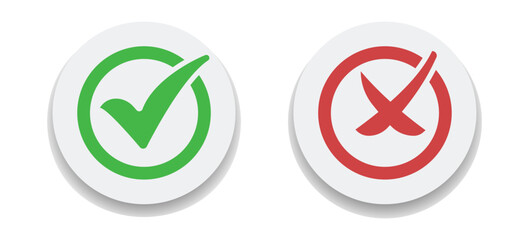 Check Mark Box Icon, Green Yes And Red No Sign, Tickmark Correct And Wrong Set Symbol, Check Mark Stickers Set, Cross, Approved Button And Reject Button, Set Of Glossy Button Vector Illustration