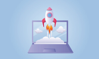 Rocket launch on laptop, flying rocket icon, business startup project concept.on blue background.Vector Design Illustration.