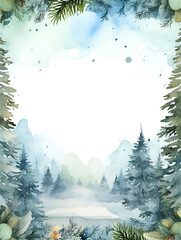 Watercolor illustration frame of winter wonderland forest with trees and snow, ai generated