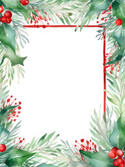 Watercolor Christmas frame background with red flowers, berries and pine greens and copy space inside, ai generated