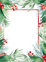 Fototapeta na wymiar Watercolor Christmas frame background with red flowers and pine greens and copy space inside, ai generated