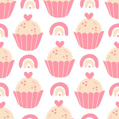 Pink Confectionery seamless pattern with sweets heart rainbow