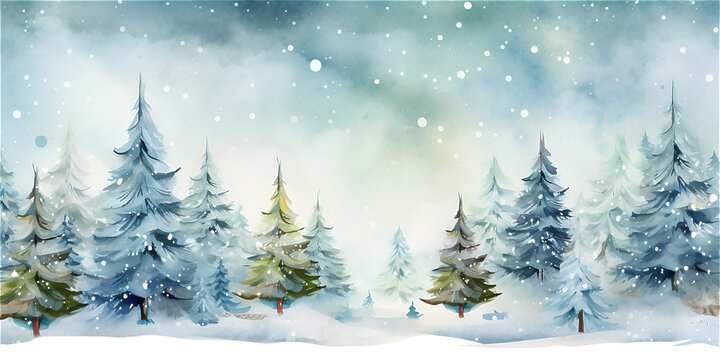 Blue watercolor illustration of winter wonderland forest with trees and snow, ai generated © TatjanaMeininger